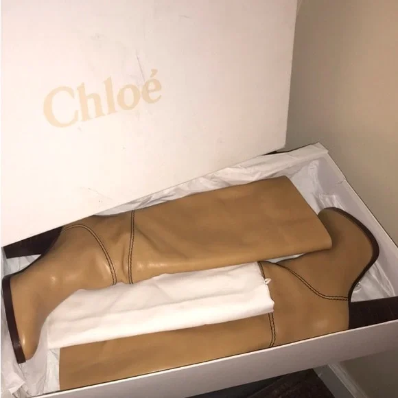 CHLOE new Riding Heeled Boot Tan Brown Knee-High Calf Stitched Leather Boots - Picture 4 of 17